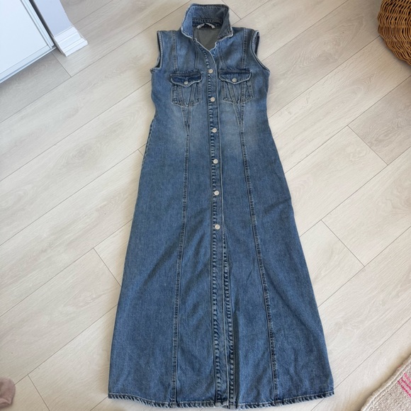 Zara Dresses & Skirts - ZARA Jean Denim Maxi Button Down Snap Front Long Sleeveless Dress Medium Wash